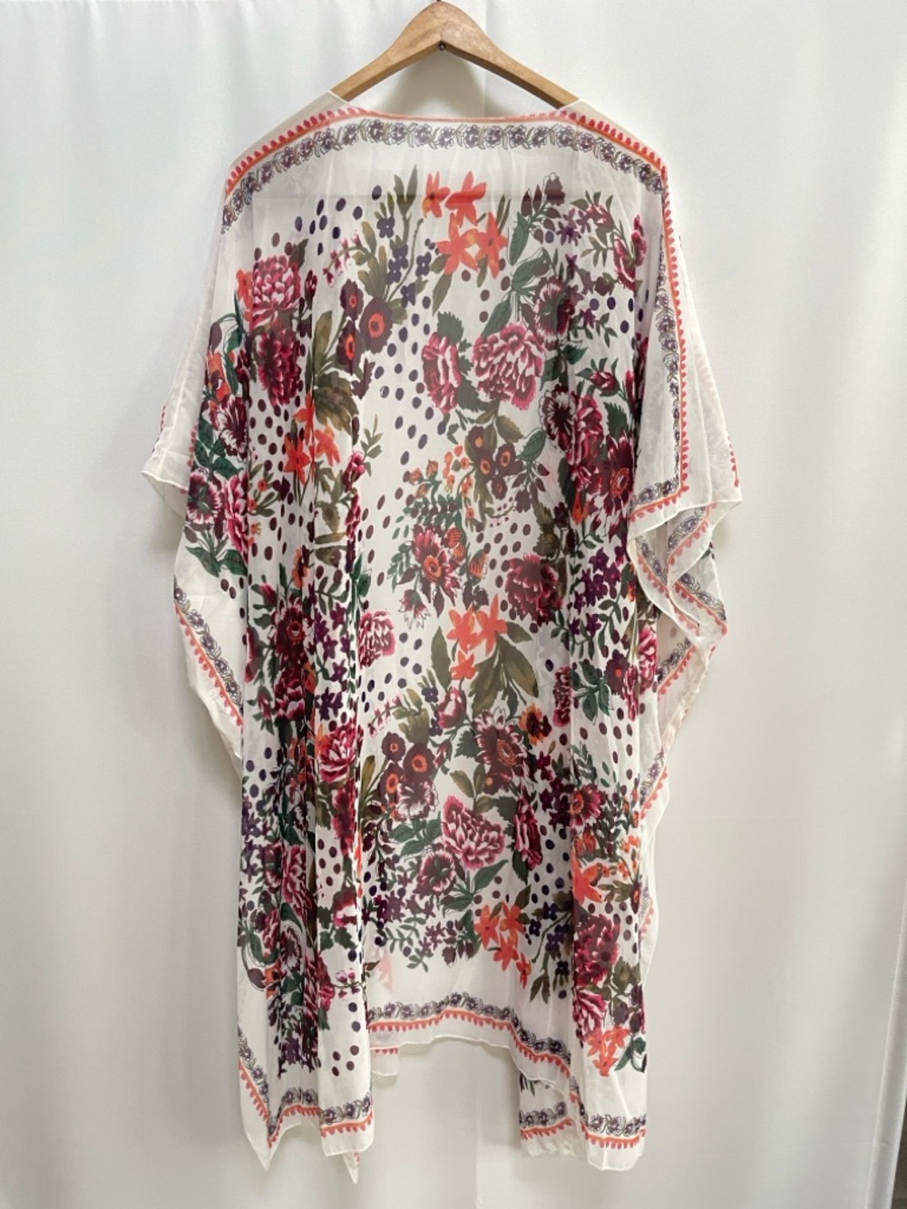 Sheer Floral Kimono Boho Duster Cover-Up in White with Pink & Green Flowers - Picture 4 of 5